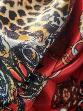 RED & GOLD Leopard Equestrian Poly-Silk 36” Square SCARF New by ORNAMENTS